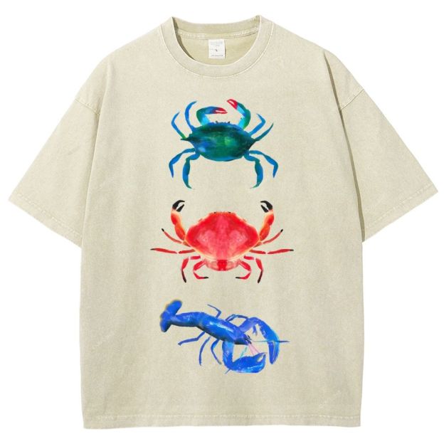 Unisex Artistic Crab Lobster Printed Washed Tee