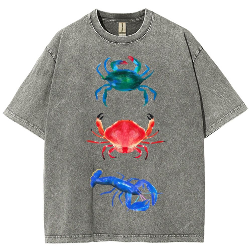 Unisex Artistic Crab Lobster Printed Washed Tee