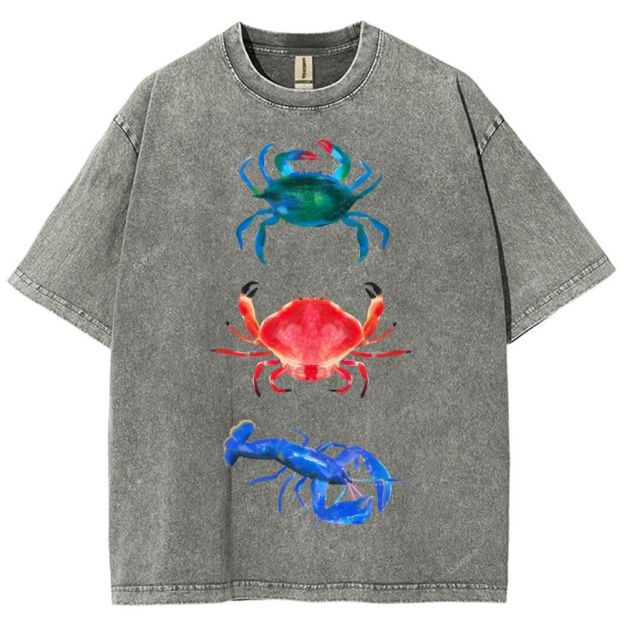 Unisex Artistic Crab Lobster Printed Washed Tee