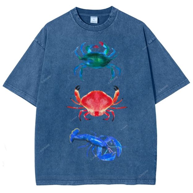 Unisex Artistic Crab Lobster Printed Washed Tee