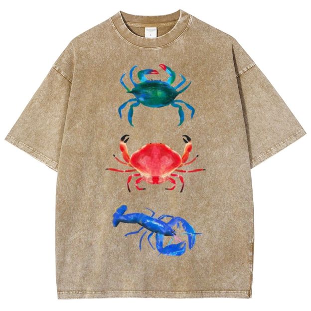 Unisex Artistic Crab Lobster Printed Washed Tee