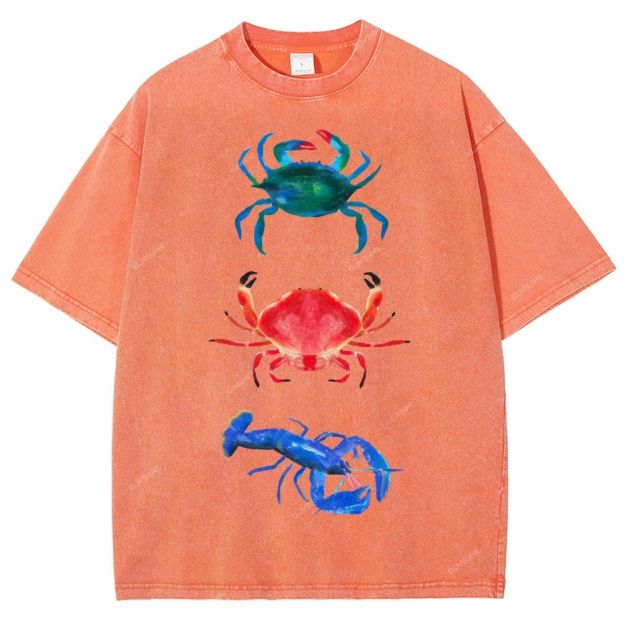 Unisex Artistic Crab Lobster Printed Washed Tee