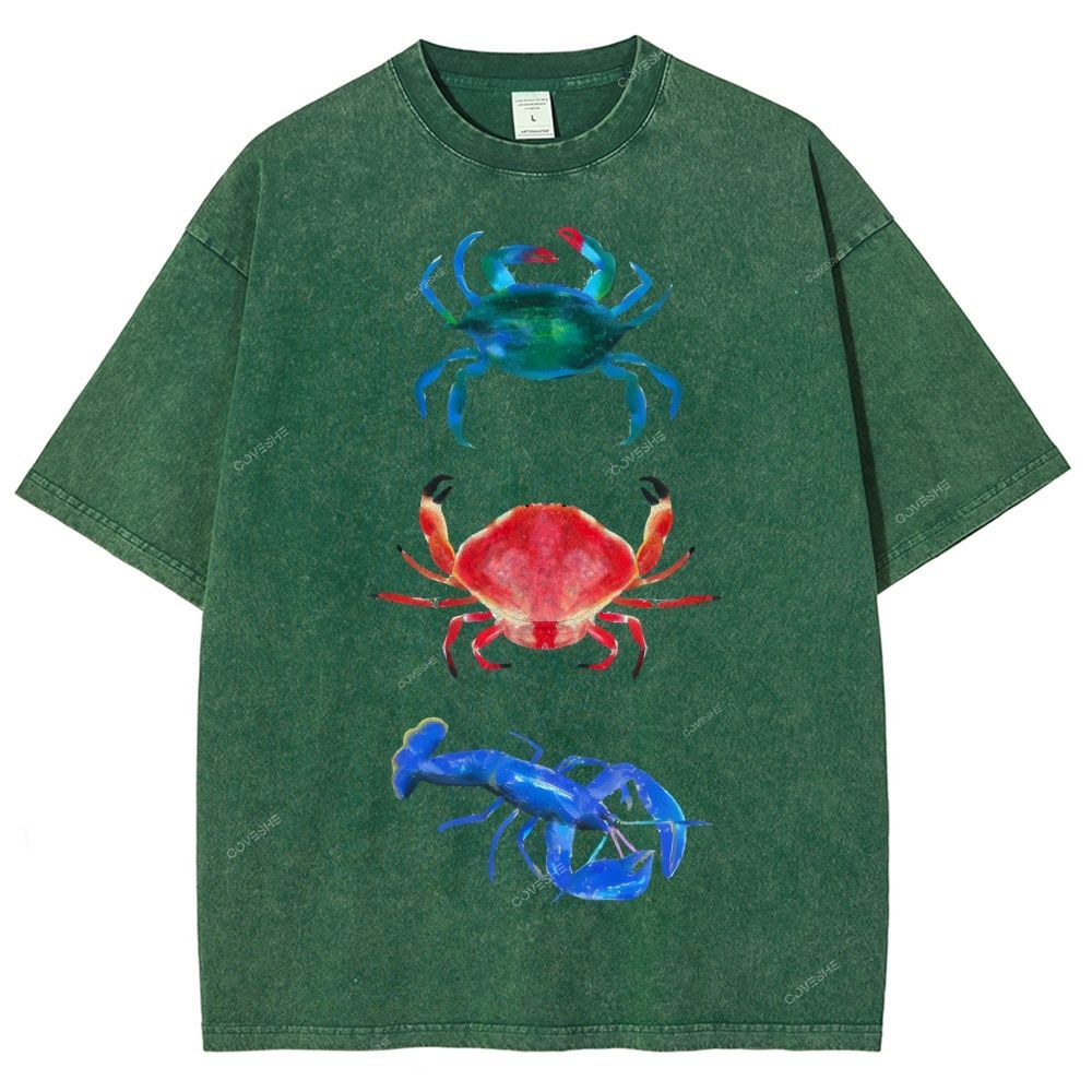 Unisex Artistic Crab Lobster Printed Washed Tee