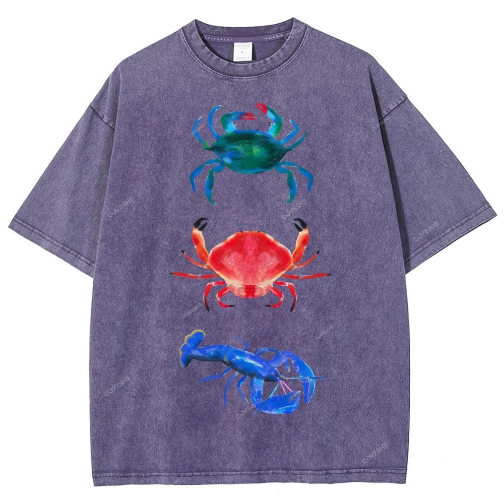 Unisex Artistic Crab Lobster Printed Washed Tee