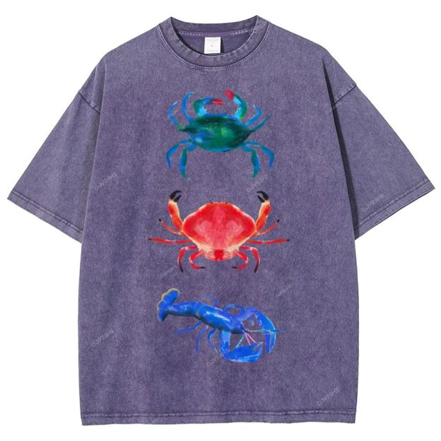 Unisex Artistic Crab Lobster Printed Washed Tee