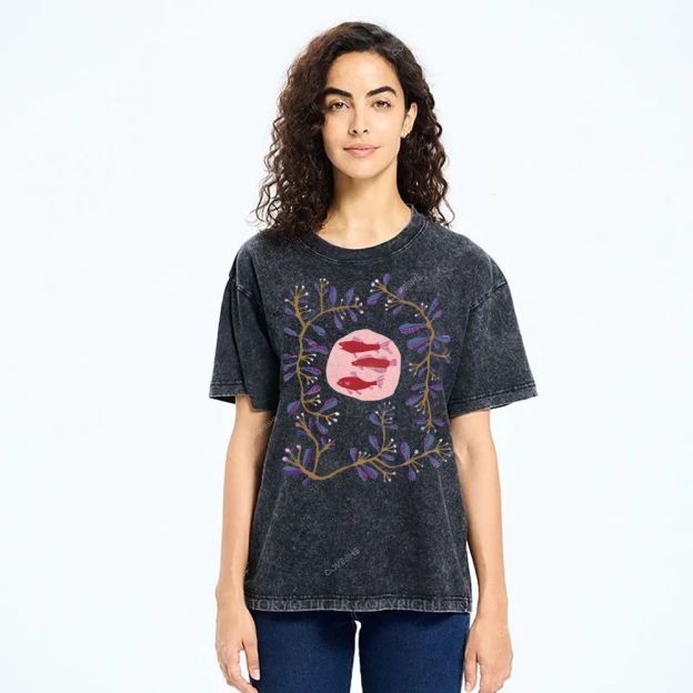 Unisex Flower Fish Printed Washed Tee
