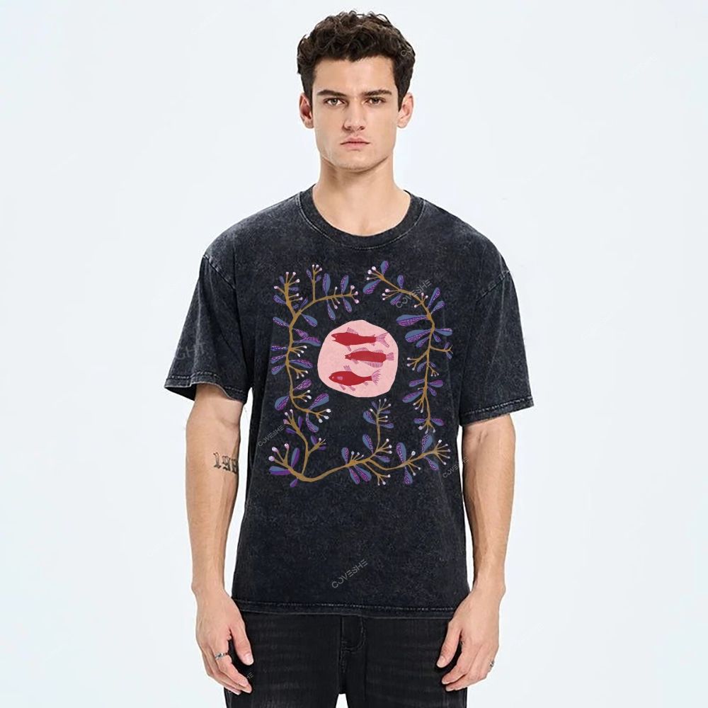 Unisex Flower Fish Printed Washed Tee