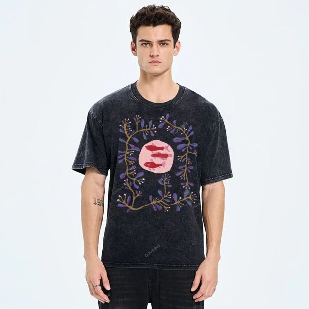 Unisex Flower Fish Printed Washed Tee