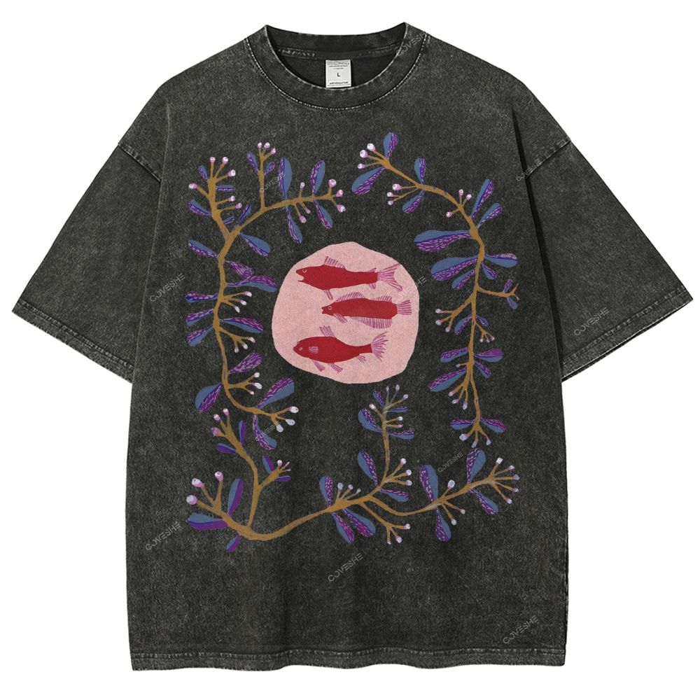 Unisex Flower Fish Printed Washed Tee