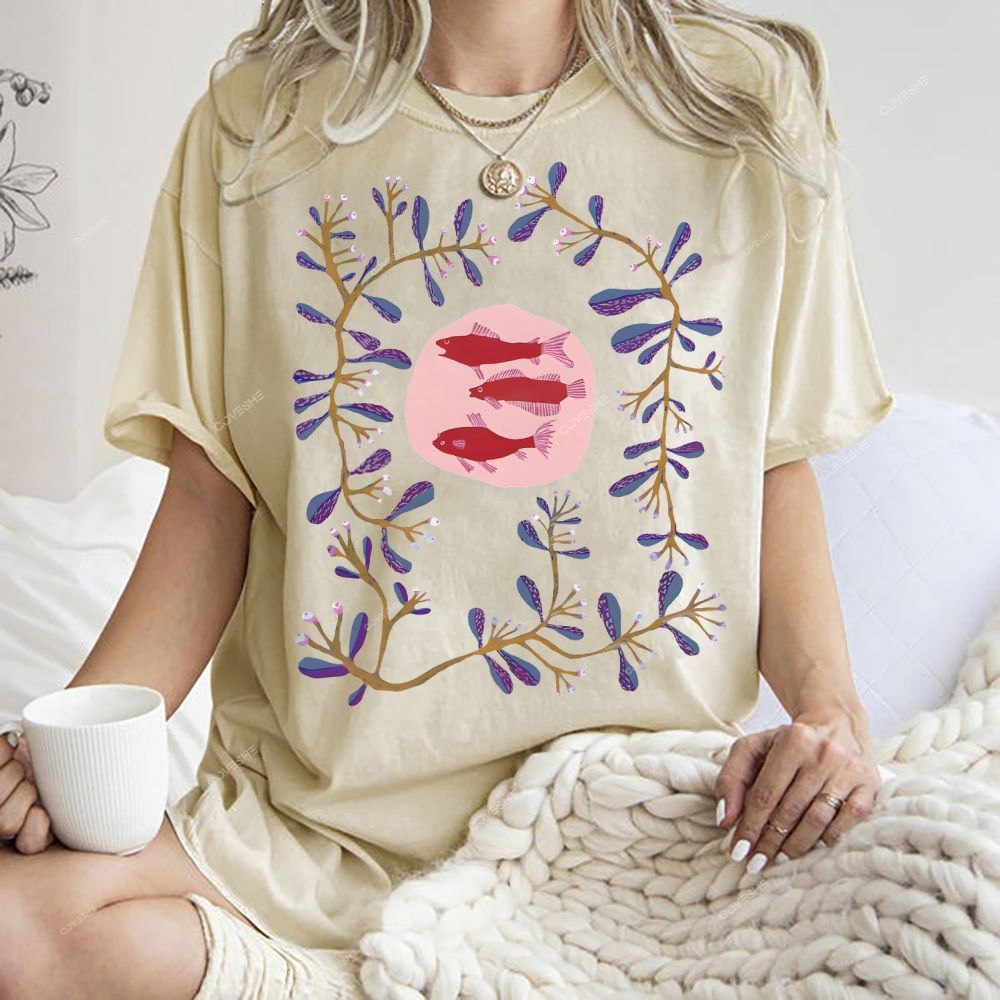Unisex Flower Fish Printed Washed Tee