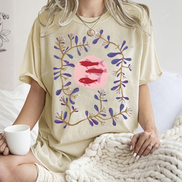 Unisex Flower Fish Printed Washed Tee