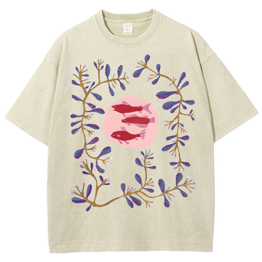 Unisex Flower Fish Printed Washed Tee