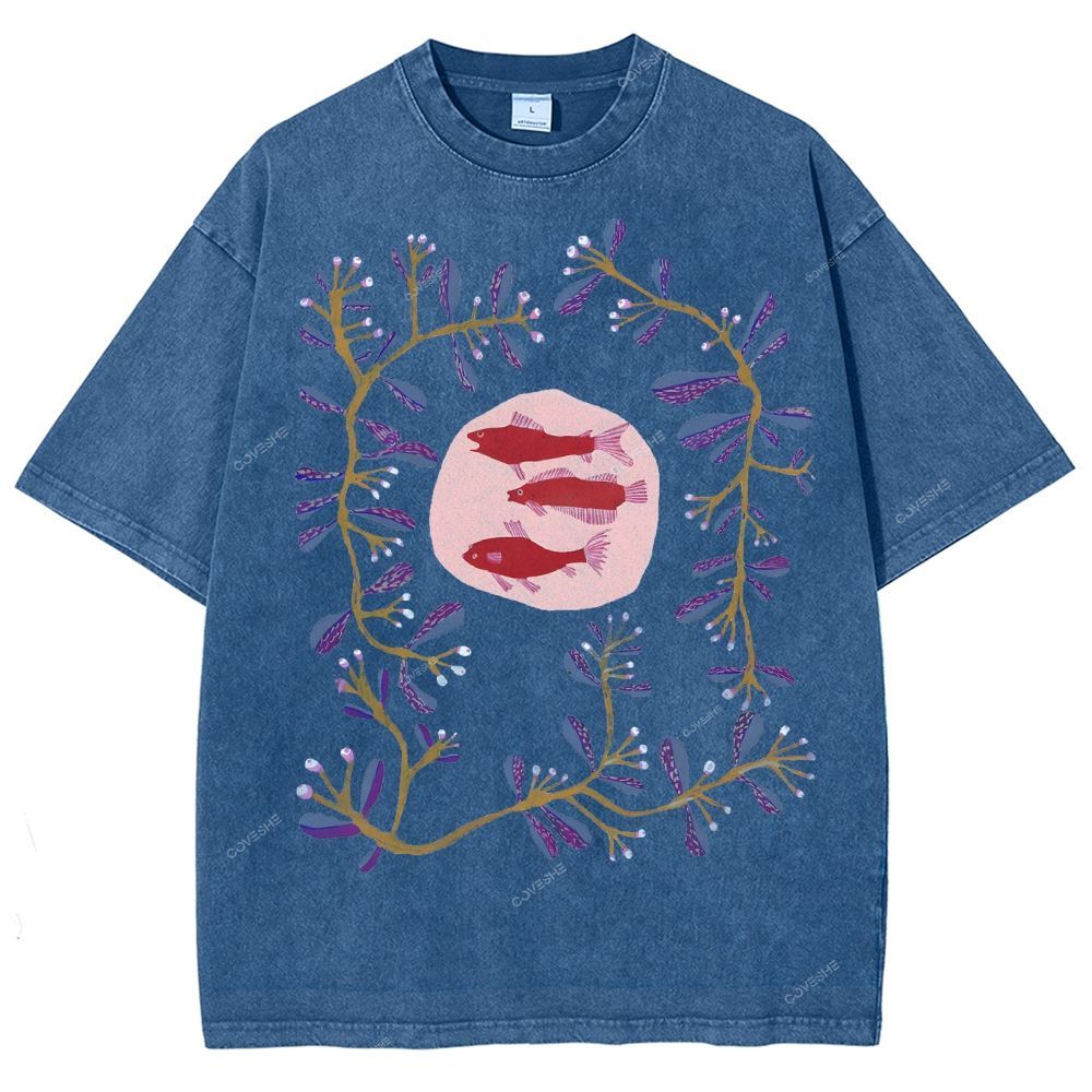 Unisex Flower Fish Printed Washed Tee