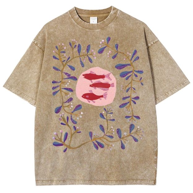 Unisex Flower Fish Printed Washed Tee
