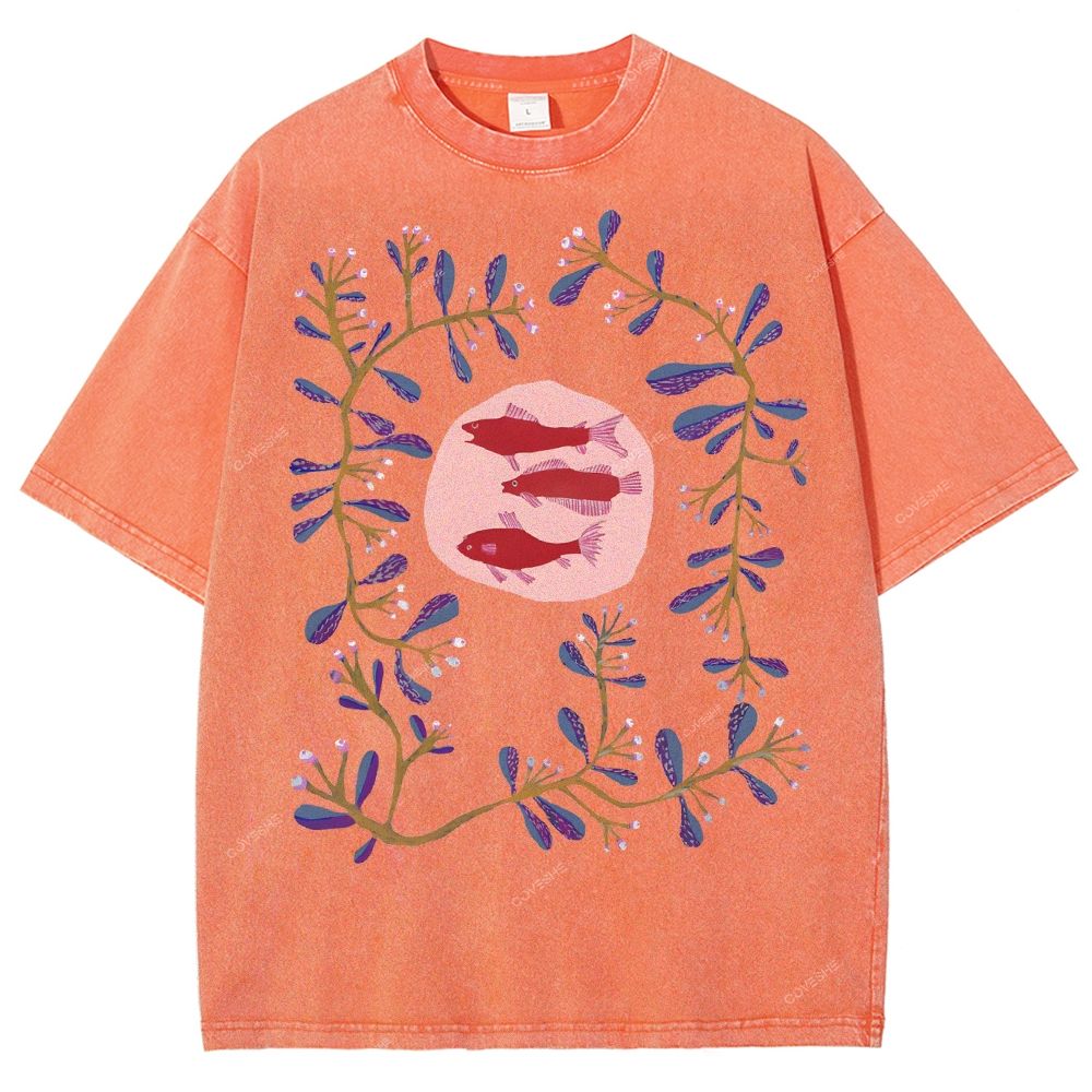 Unisex Flower Fish Printed Washed Tee