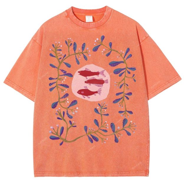 Unisex Flower Fish Printed Washed Tee