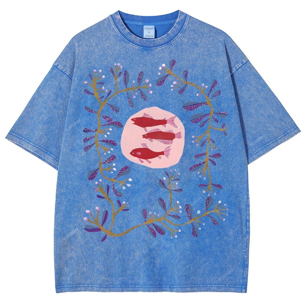 Unisex Flower Fish Printed Washed Tee