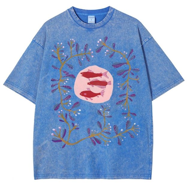 Unisex Flower Fish Printed Washed Tee