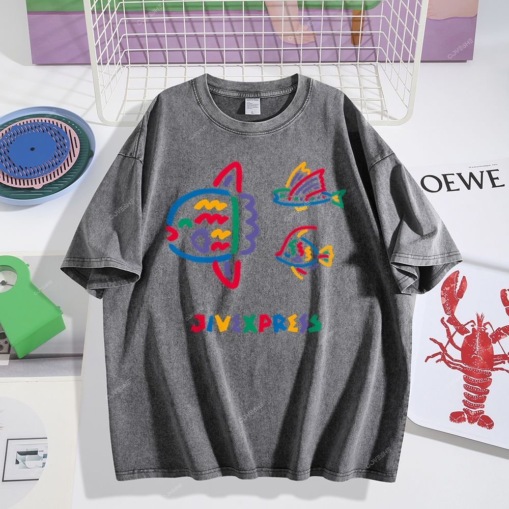 Unisex Color Stick Figure Fish Printed Washed Tee