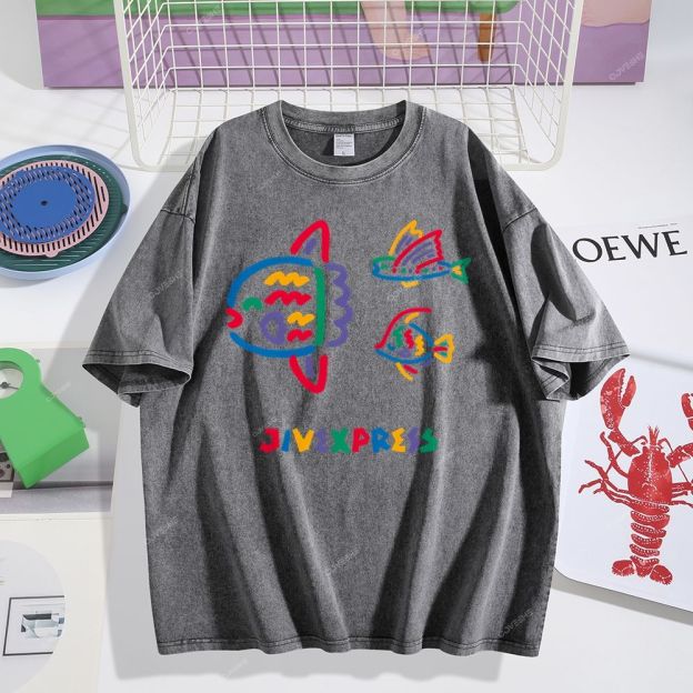 Unisex Color Stick Figure Fish Printed Washed Tee