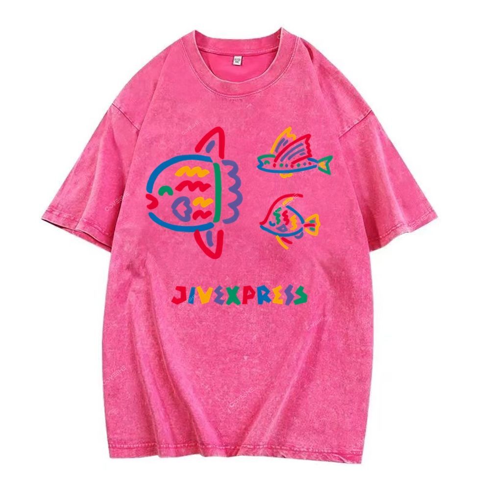 Unisex Color Stick Figure Fish Printed Washed Tee