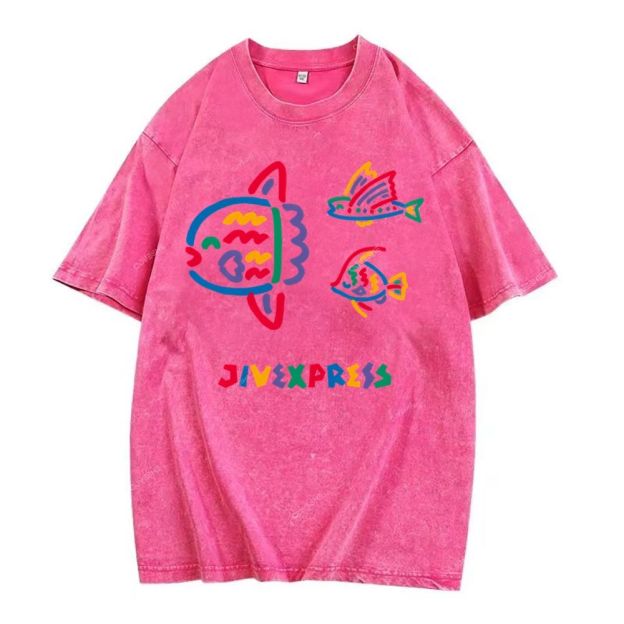 Unisex Color Stick Figure Fish Printed Washed Tee