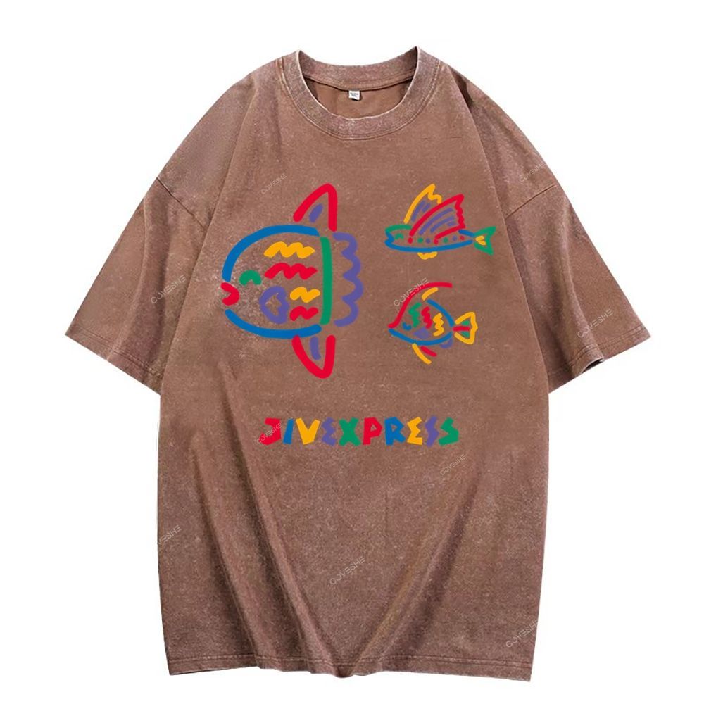 Unisex Color Stick Figure Fish Printed Washed Tee