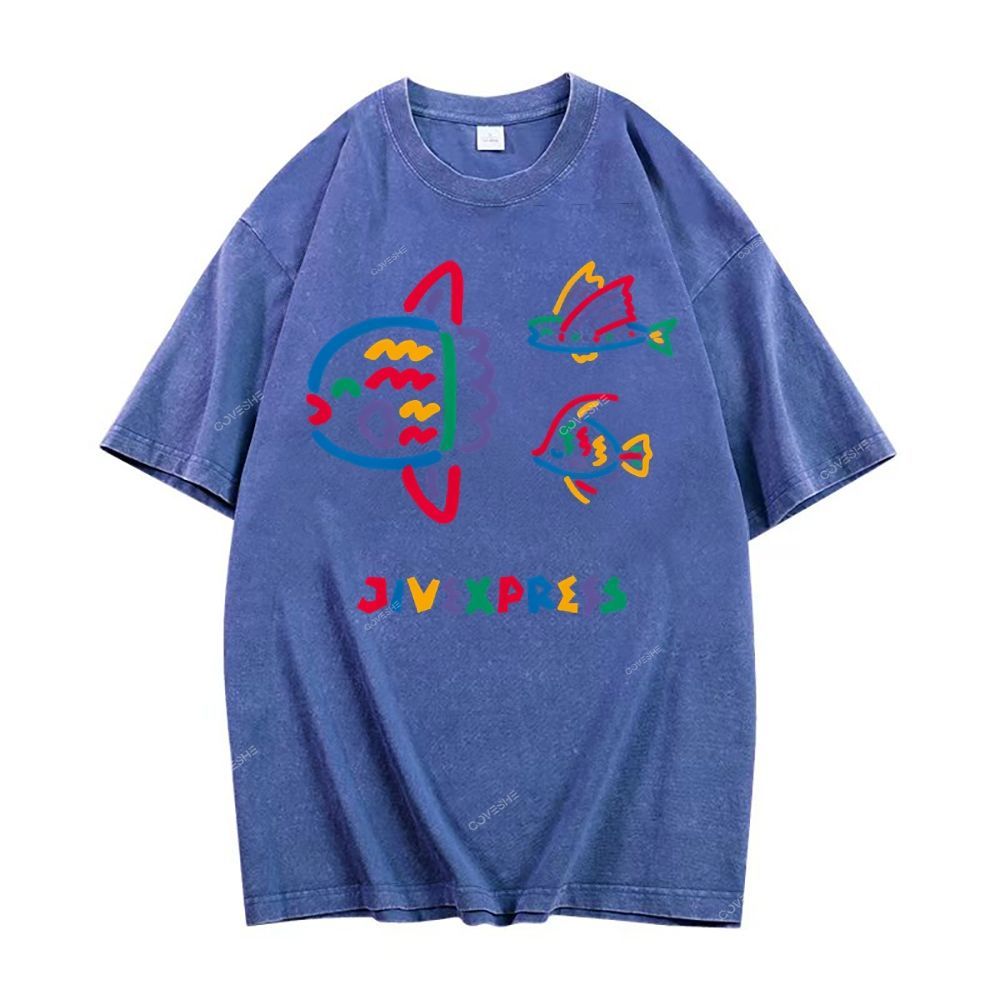 Unisex Color Stick Figure Fish Printed Washed Tee