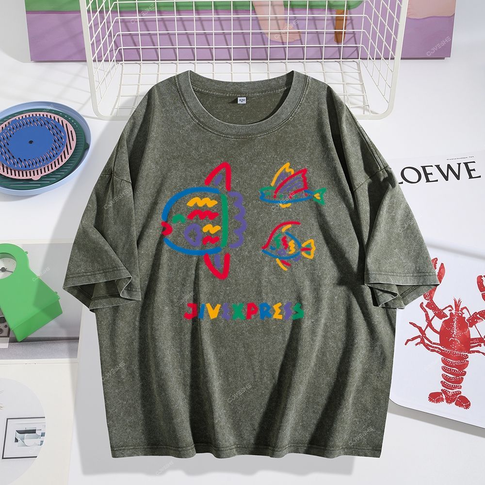 Unisex Color Stick Figure Fish Printed Washed Tee