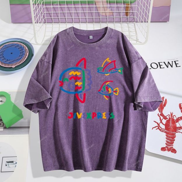 Unisex Color Stick Figure Fish Printed Washed Tee