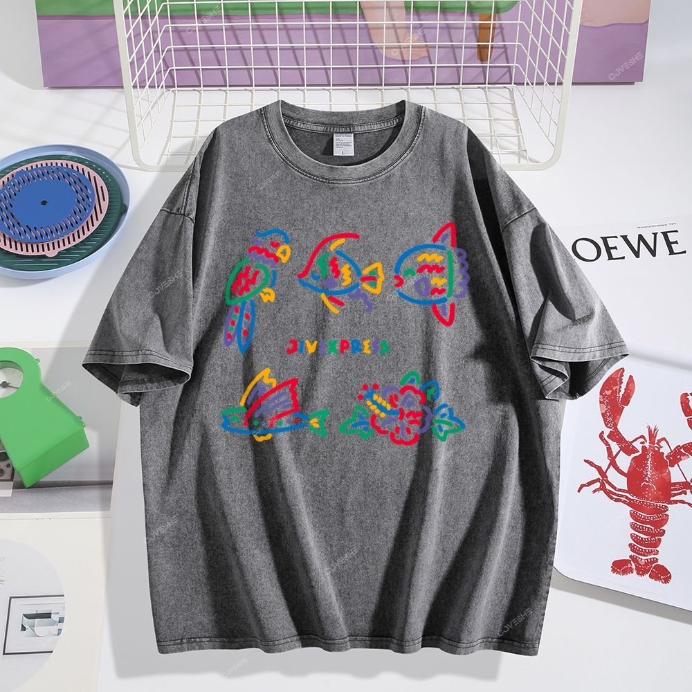 Unisex Color Stick Figure Fish Printed Washed Tee