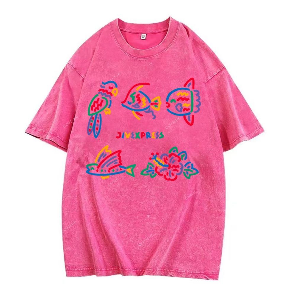 Unisex Color Stick Figure Fish Printed Washed Tee