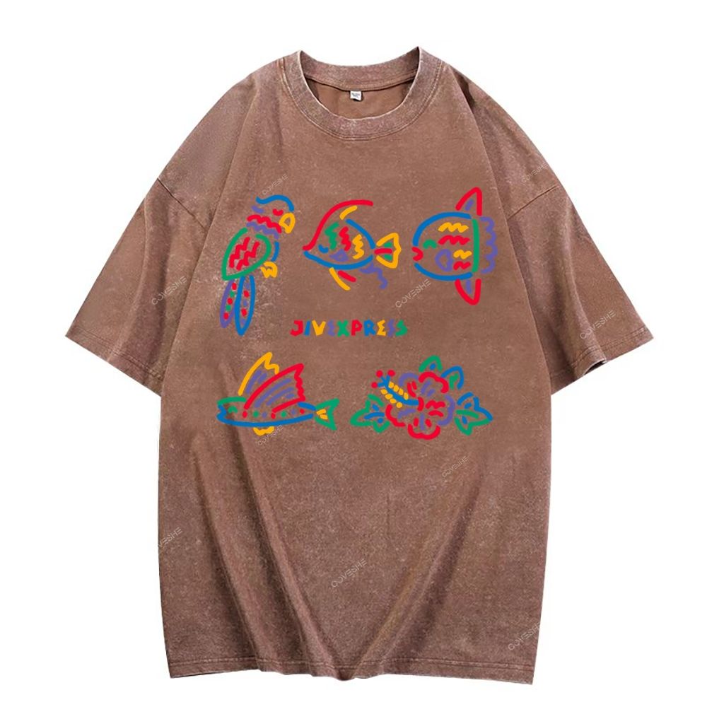 Unisex Color Stick Figure Fish Printed Washed Tee