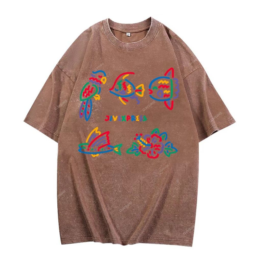 Unisex Color Stick Figure Fish Printed Washed Tee