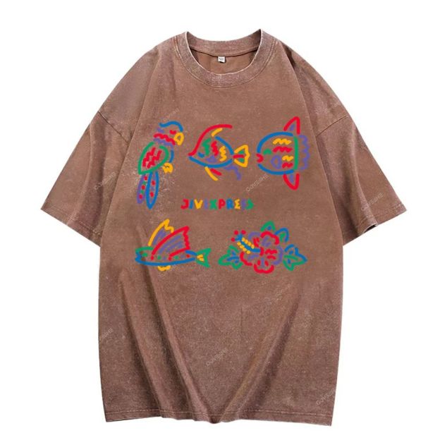 Unisex Color Stick Figure Fish Printed Washed Tee