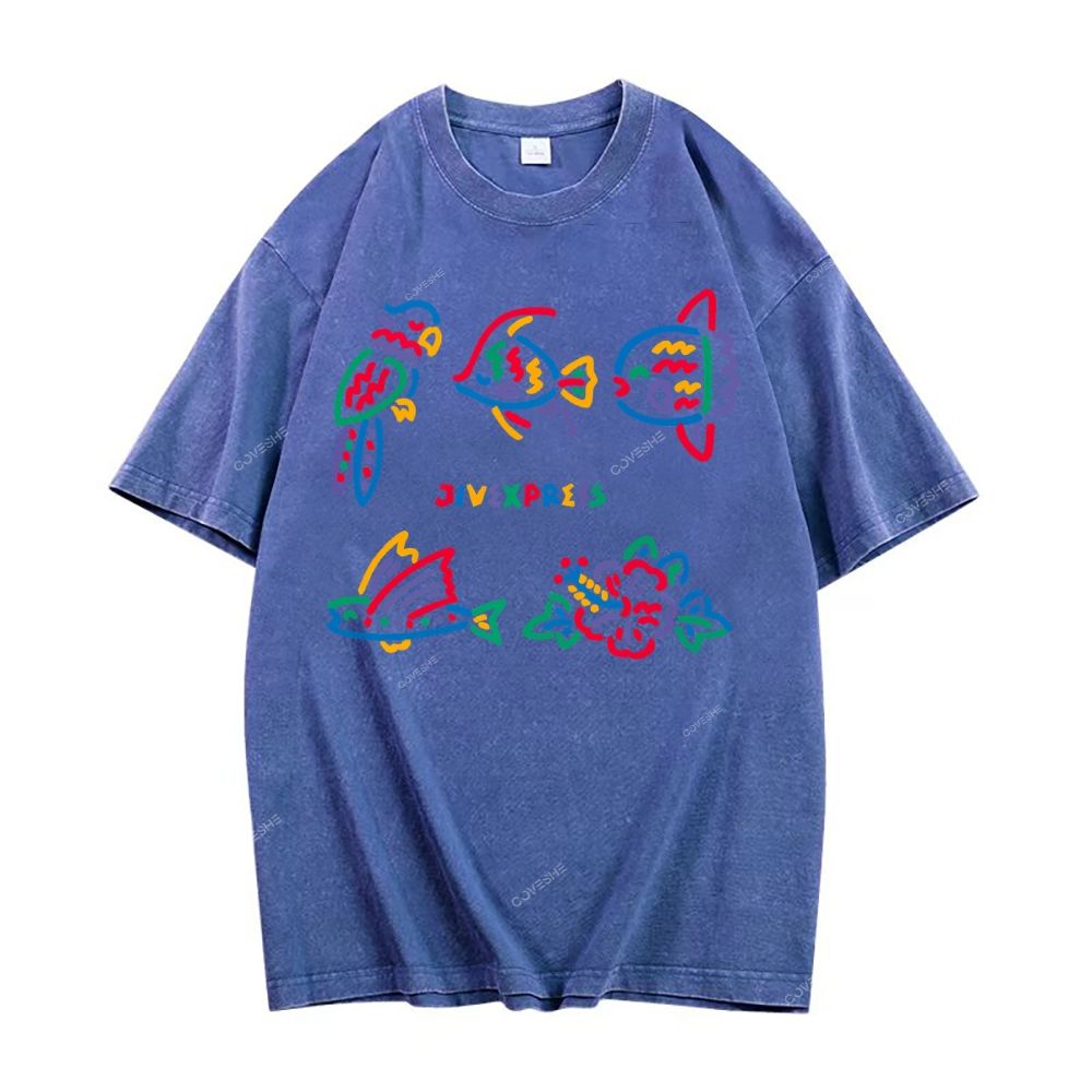 Unisex Color Stick Figure Fish Printed Washed Tee