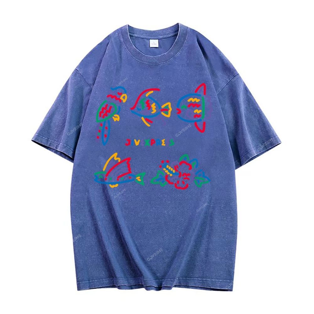 Unisex Color Stick Figure Fish Printed Washed Tee