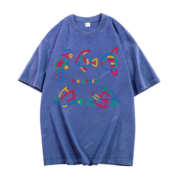 Unisex Color Stick Figure Fish Printed Washed Tee