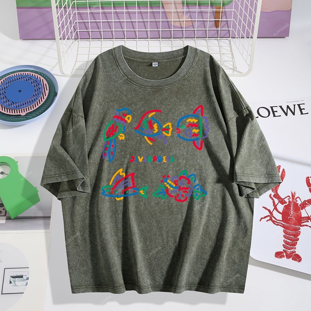 Unisex Color Stick Figure Fish Printed Washed Tee