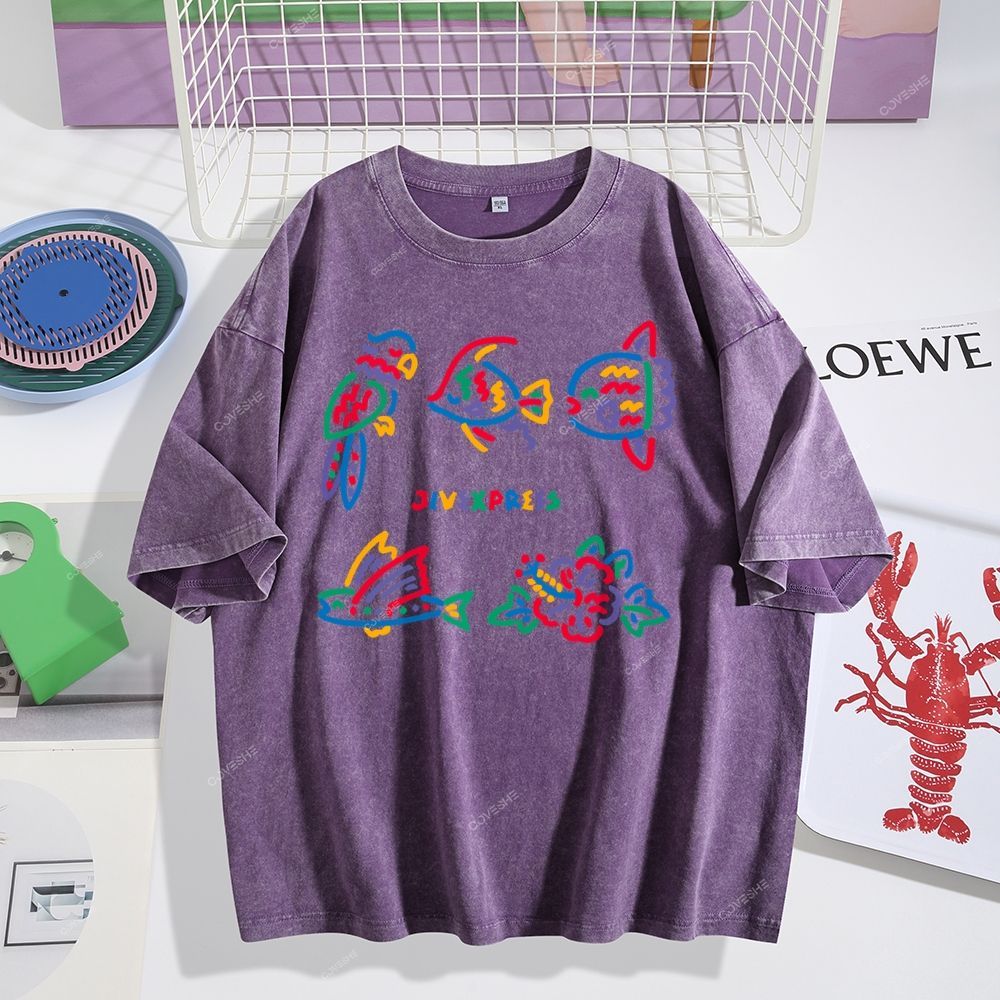 Unisex Color Stick Figure Fish Printed Washed Tee