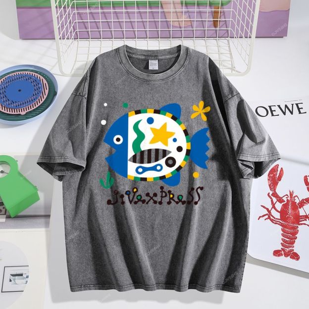 Unisex Colorful Cartoon Fish Printed Washed Tee