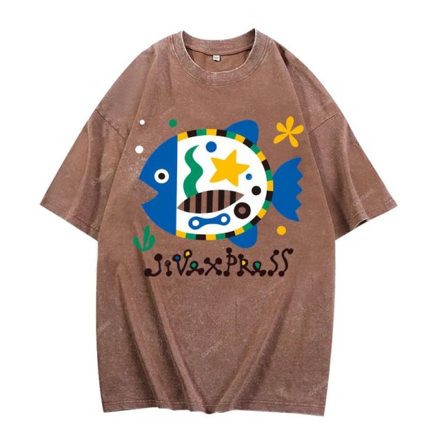 Unisex Colorful Cartoon Fish Printed Washed Tee