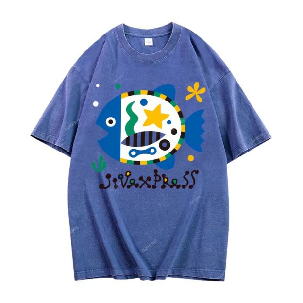 Unisex Colorful Cartoon Fish Printed Washed Tee