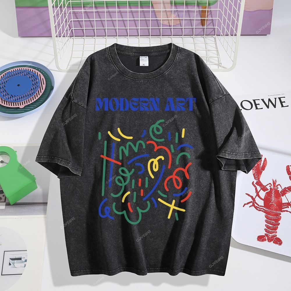 Unisex Blue Modern Art Printed Washed Tee