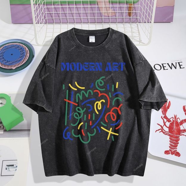 Unisex Blue Modern Art Printed Washed Tee