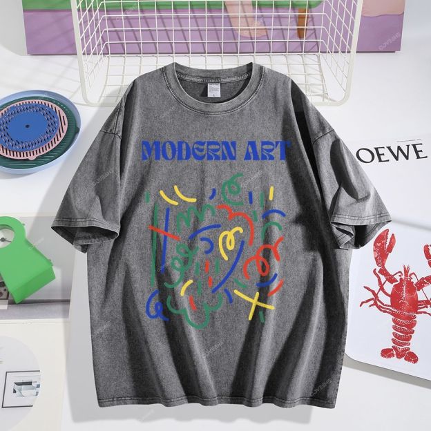 Unisex Blue Modern Art Printed Washed Tee