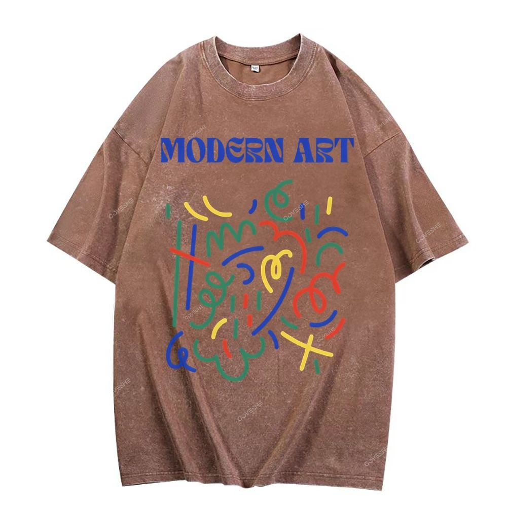 Unisex Blue Modern Art Printed Washed Tee
