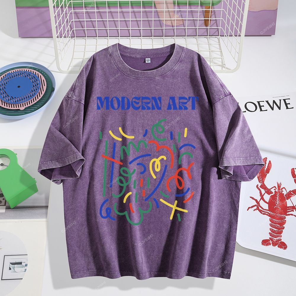 Unisex Blue Modern Art Printed Washed Tee