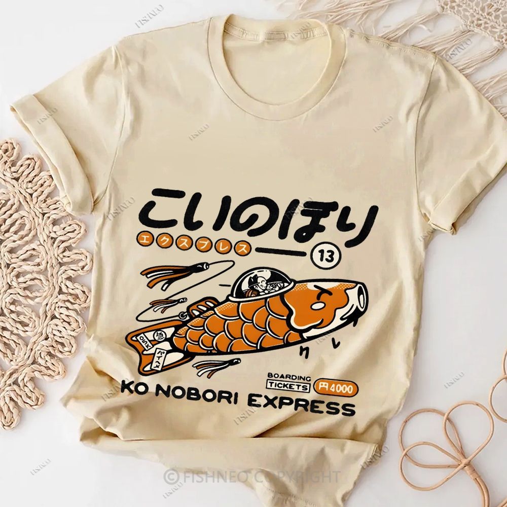 Japanese Fish Spaceship Cotton Casual T-Shirt