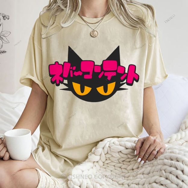 Unisex Japanese Cat Printed Washed Tee